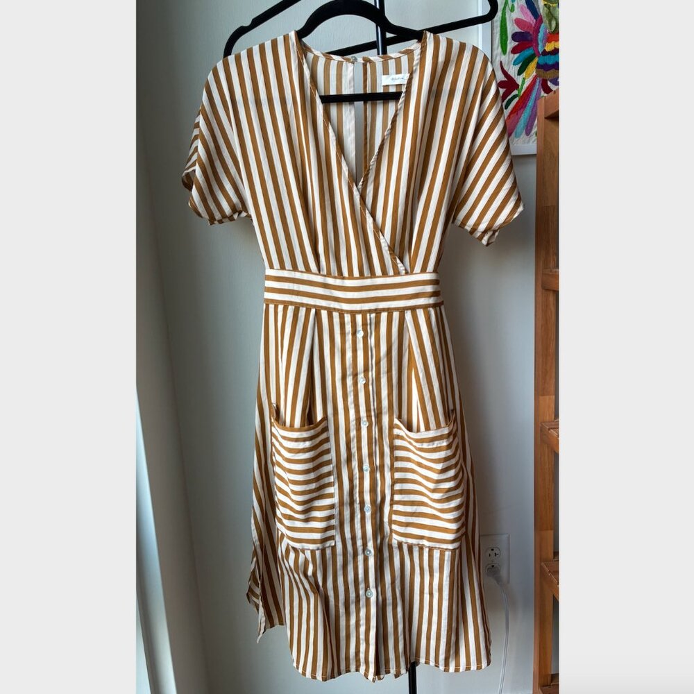 Mustard Seed Brown & White Striped Belted Dress w Buttons & Short Sleeves-Size S